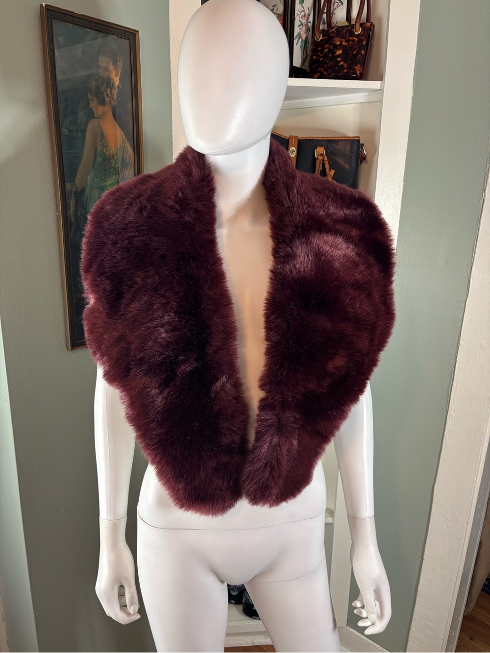 Burgundy Faux Fur Stole Wrap Collar Unbranded